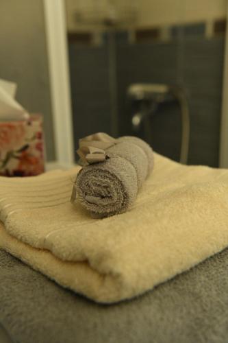 a towel sitting on top of a pile of towels at Mustache 3 Room Apt City Center in Bitola