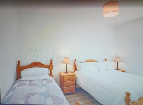 two beds in a bedroom with two lamps on tables at Countryside bliss in Clonakilty