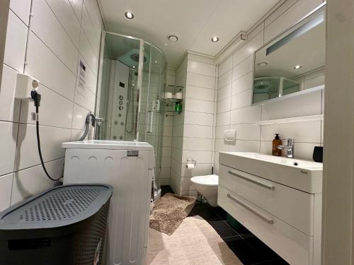 a bathroom with a shower and a sink and a toilet at Apartments with Panoramic Views in Longyearbyen