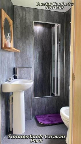 a bathroom with a sink and a toilet and a shower at Belvedere Sleeps 4-6 in Skegness