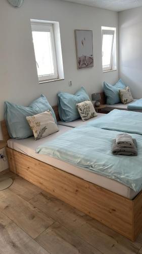 a bedroom with two beds with blue pillows at Apartmány U BERANA in Česká Lípa