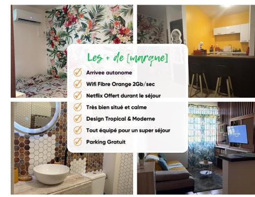 a collage of photos of a kitchen and a living room at Studio Ça Mconvient in Cayenne