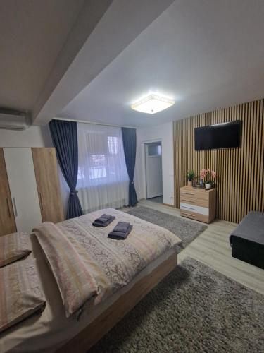 a bedroom with a large bed and a television at Casa DARYA-24h Check-in in Bucharest