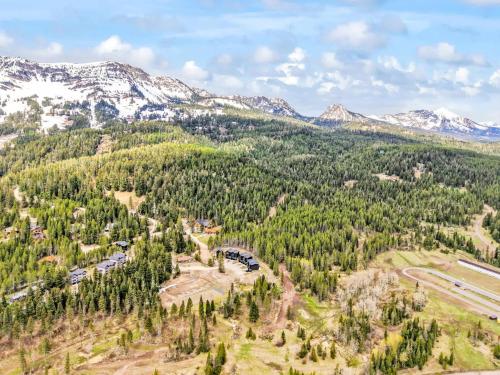 an aerial view of a forest with snow covered mountains at Bridger Bowl - Crosscut Hideaway in Bozeman