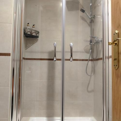 a shower stall with a glass door with a shower at Las heras apartamento in Medrano