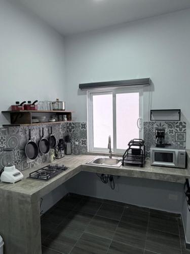 a kitchen with a sink and a microwave at los agaves lto in Loreto