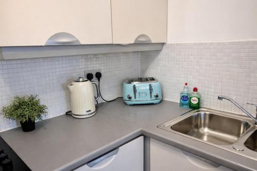 a kitchen counter with a toaster and a sink at Blueberry Tree Apartment with Free Parking & Near Station in Cambridge