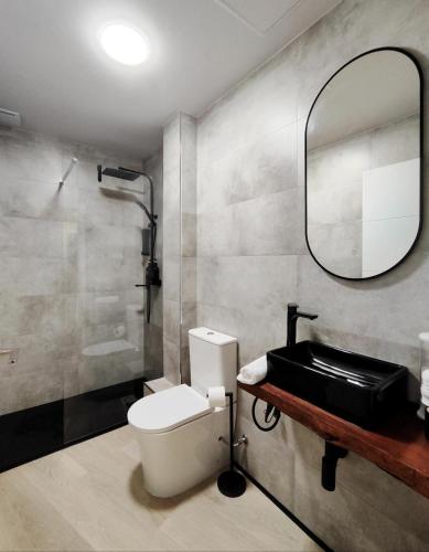 a bathroom with a toilet and a sink and a mirror at Elite Muralla Lugo Experience 2.1 in Lugo