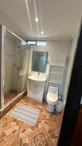 a bathroom with a toilet and a sink and a shower at Residencial Las Palmeras in Iquique