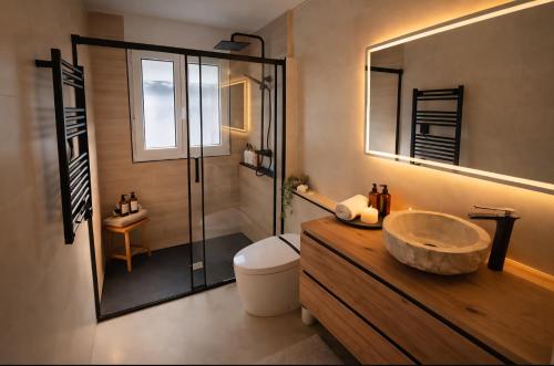 a bathroom with a sink and a toilet and a mirror at VILLA PANGEA Habitaciones Boutique - Camino del Norte - Castro Urdiales in Castro-Urdiales