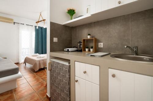 a kitchen with a sink and a counter top at Anemos Sea View in Batsi