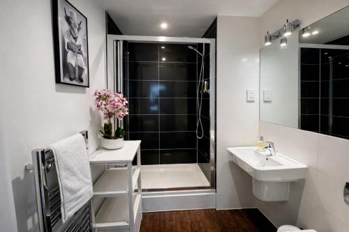 a bathroom with a shower and a toilet and a sink at Avacado Tree Apartment - near Cambridge Station in Cambridge