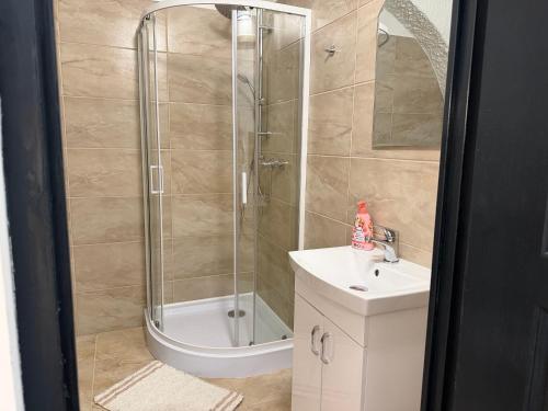 a bathroom with a shower and a sink at La Casa de Nido-Cozy Studio in Veszprémfajsz
