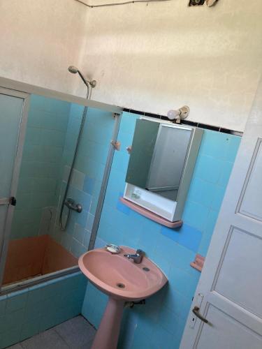 a bathroom with a pink sink and a mirror at Habitacion Privada, Single Room in Paysandú