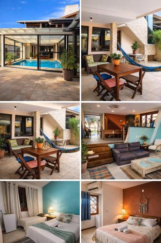four pictures of a house with a table and a pool at Pousada Sereia Morena in Florianópolis