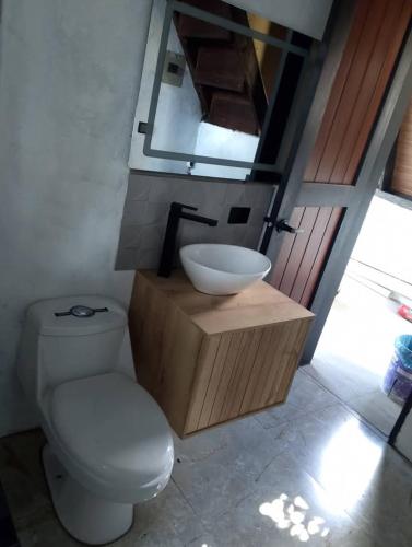 a bathroom with a sink and a toilet and a mirror at Casa paula in San Agustín