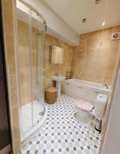 a bathroom with a shower and a toilet and a sink at Peasehill StMichaels in Rawdon
