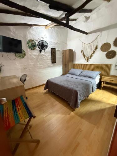 a bedroom with a bed and a tv in a room at Hostal Casablanca in San Gil