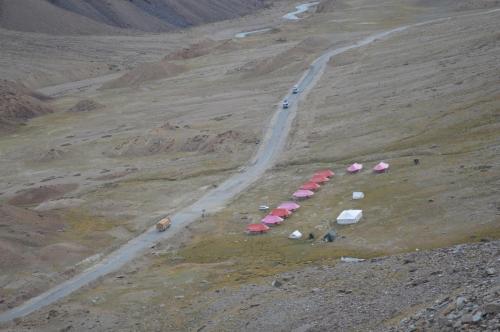 a group of pink umbrellas on the side of a mountain at Himalayan Routes Camp Sarchu in Sir Bhum Chun