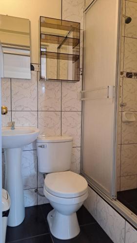 a bathroom with a toilet and a sink and a shower at Hospedaje El Manantial in Chontabamba