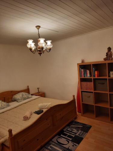 ein Schlafzimmer mit einem Bett und einem Kronleuchter in der Unterkunft Namastè Ca Biasca in Biasca