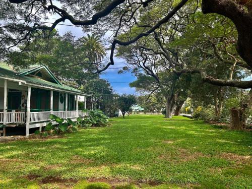 a green house with a porch on a green lawn at Hale Naalehu LLC Bed and Breakfast in Naalehu