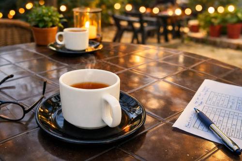 a cup of coffee on a black plate on a table at Park Palace in Lucknow