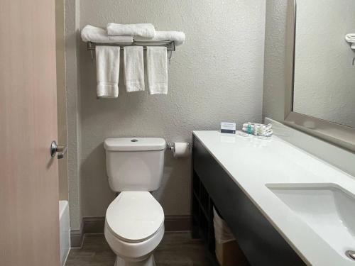 a bathroom with a white toilet and a sink at Clarion Pointe Fairborn near Wright Patterson AFB in Fairborn