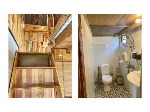 two pictures of a bathroom with a toilet and a sink at Đà Lạt Củi Homestay in Da Lat