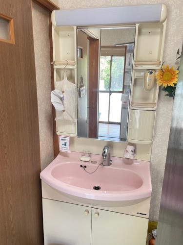 a bathroom with a pink sink and a mirror at Inn Unkai no Sato no Yado 民宿 雲海の里の宿 in Nosegawa