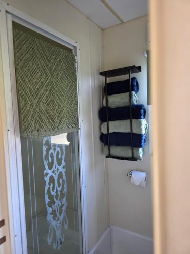 a shower with a glass door in a bathroom at Dora's 5 Berth Static with stunning views in Saint Martin