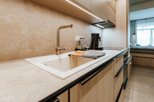 a kitchen counter with a sink in a kitchen at Quartier 90 in Wietmarschen