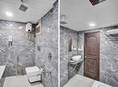 two pictures of a bathroom with a toilet and a sink at Hotel New Star in Navi Mumbai