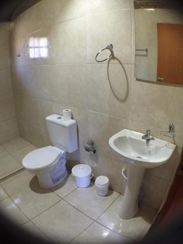a bathroom with a toilet and a sink at Pousada Morro da Baleia in Alto Paraíso de Goiás
