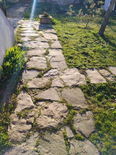 a stone path in a yard with a flower pot on it at къща за гости При Приятели in Nesebar