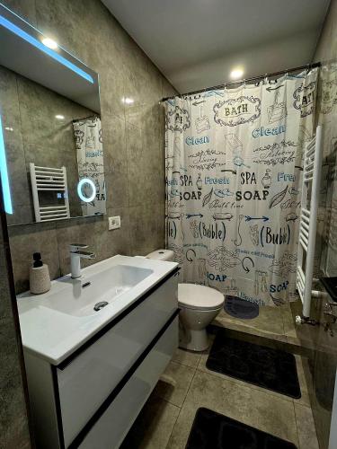 a bathroom with a sink and a toilet and a shower at Cosy Vibe 3 in Vaslui