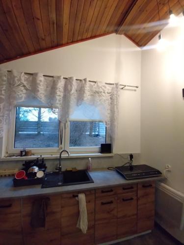 a kitchen with a sink and two windows at Sosnowy Zakątek, Laskowo in Laskowo