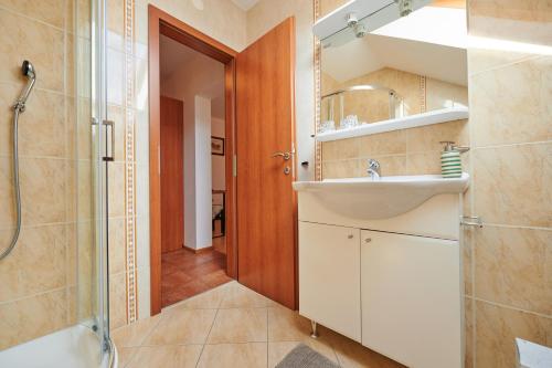 a bathroom with a sink and a shower at Guesthouse S in Luče