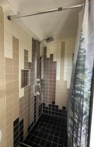 a bathroom with a shower with a black tile floor at Garden Suite Vila Girasoles in Cálig