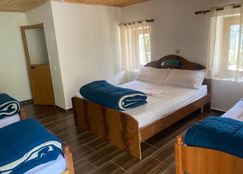 ein Schlafzimmer mit einem Bett mit blauen Kissen in der Unterkunft The Eagle in Hardedaj