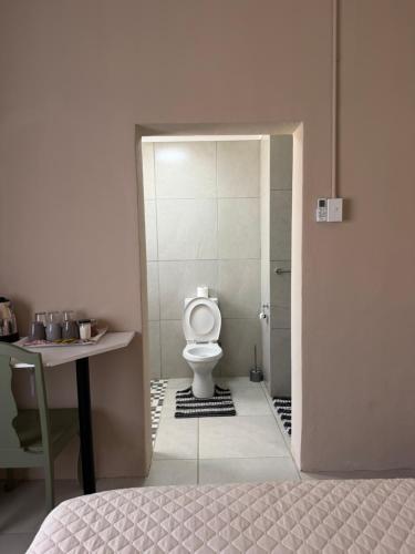 a bathroom with a toilet and a sink and a table at Marzel Guesthouse - Room 2 in Britstown