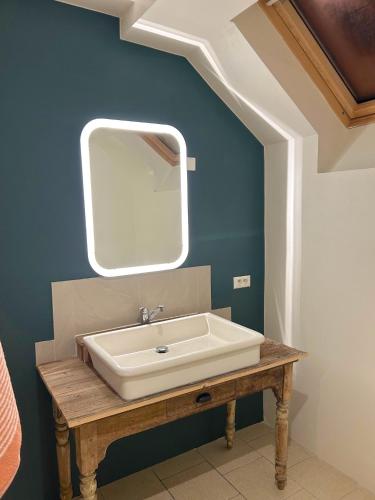 a bathroom with a sink and a mirror at Maison Saizy in Monceaux-le-Comte