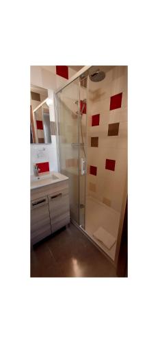 a bathroom with a shower and a sink at Auberge de l'eau rousse in La Léchère