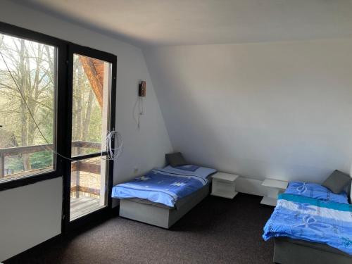 two beds in a room with a window at Chata Chorche in Koloděje nad Lužnicí