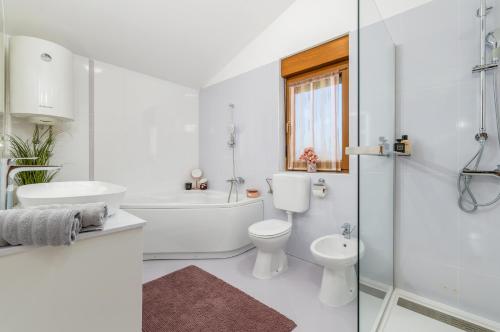 a white bathroom with a toilet sink and a shower at House with pool and whirlpool in Sarići