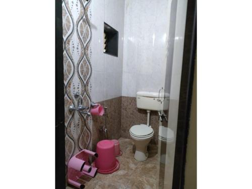 a small bathroom with a toilet and a shower at Green Leaf Mini Resort in Mahabaleshwar