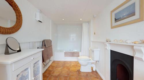 a white bathroom with a toilet and a fireplace at Pant Glas in Penmaen-mawr