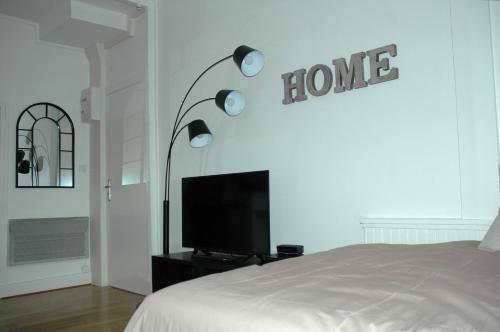 ディジョンにあるLe Cosy Musette - Rue Piétonneのベッドルーム1室(ベッド1台、壁にテレビ付)