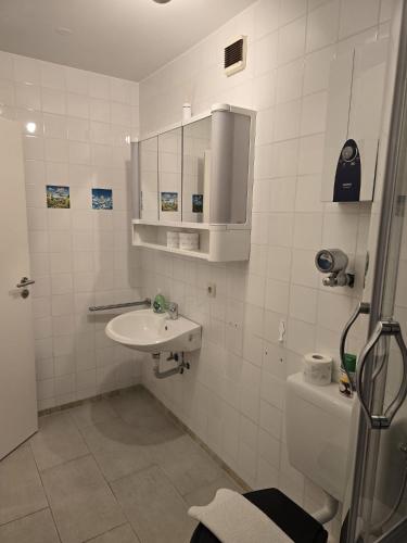 a white bathroom with a sink and a toilet at Traumurlaub im Bayerische Wald in Sankt Englmar