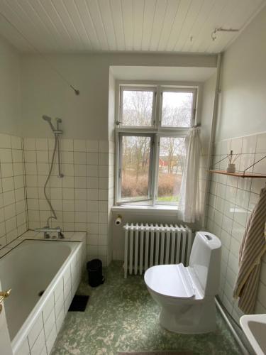 a bathroom with a tub and a toilet and a sink at The Old Parsonage in Søndersø